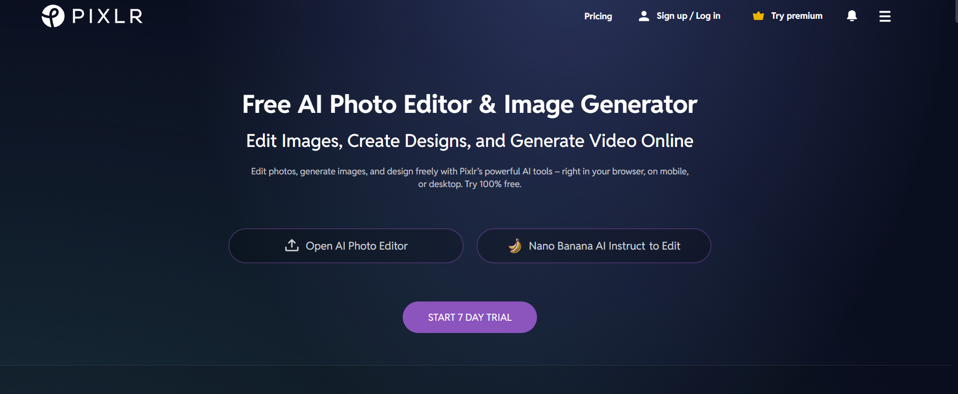Pixlr AI online photo editor dashboard showcasing AI editing features and design tools