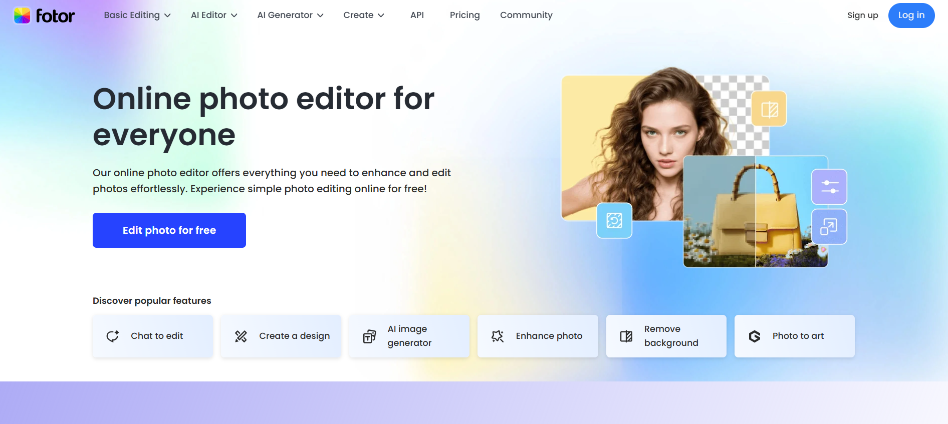 Fotor AI photo editing features, pricing plans, and creative design tools.